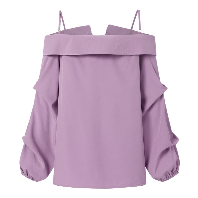 ZANZEA 2025 Fashion Shirts Women Sexy Off Shoulder Blouse Summer Casual Straps Button Tops Long Sleeve Pleated Solid Loose Tunic