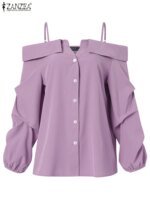 ZANZEA 2025 Fashion Shirts Women Sexy Off Shoulder Blouse Summer Casual Straps Button Tops Long Sleeve Pleated Solid Loose Tunic - Image 4
