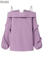 ZANZEA 2025 Fashion Shirts Women Sexy Off Shoulder Blouse Summer Casual Straps Button Tops Long Sleeve Pleated Solid Loose Tunic - Image 5