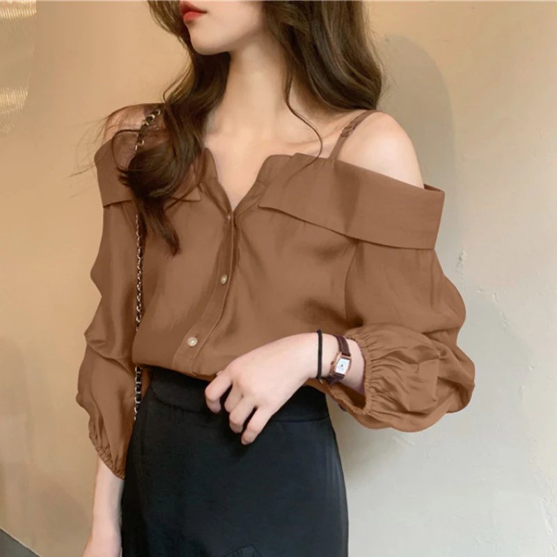 ZANZEA 2025 Fashion Shirts Women Sexy Off Shoulder Blouse Summer Casual Straps Button Tops Long Sleeve Pleated Solid Loose Tunic