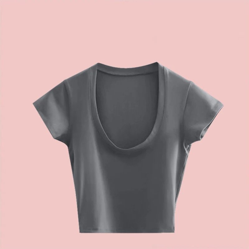 Summer Slim T-Shirt Women Sexy Short Sleeve T Shirt U-Neck Gray Tee Female Solid Basic Black/White Korean Crop Tops Hot Y2k
