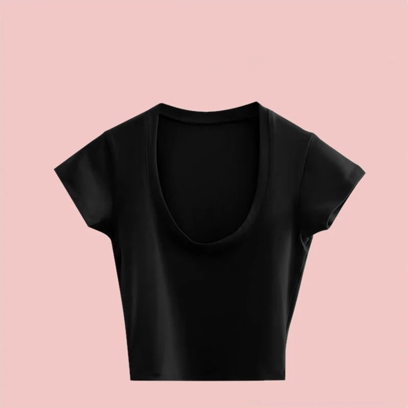 Summer Slim T-Shirt Women Sexy Short Sleeve T Shirt U-Neck Gray Tee Female Solid Basic Black/White Korean Crop Tops Hot Y2k