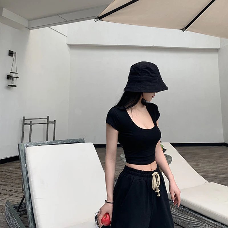 Summer Slim T-Shirt Women Sexy Short Sleeve T Shirt U-Neck Gray Tee Female Solid Basic Black/White Korean Crop Tops Hot Y2k