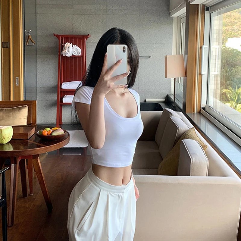 Summer Slim T-Shirt Women Sexy Short Sleeve T Shirt U-Neck Gray Tee Female Solid Basic Black/White Korean Crop Tops Hot Y2k