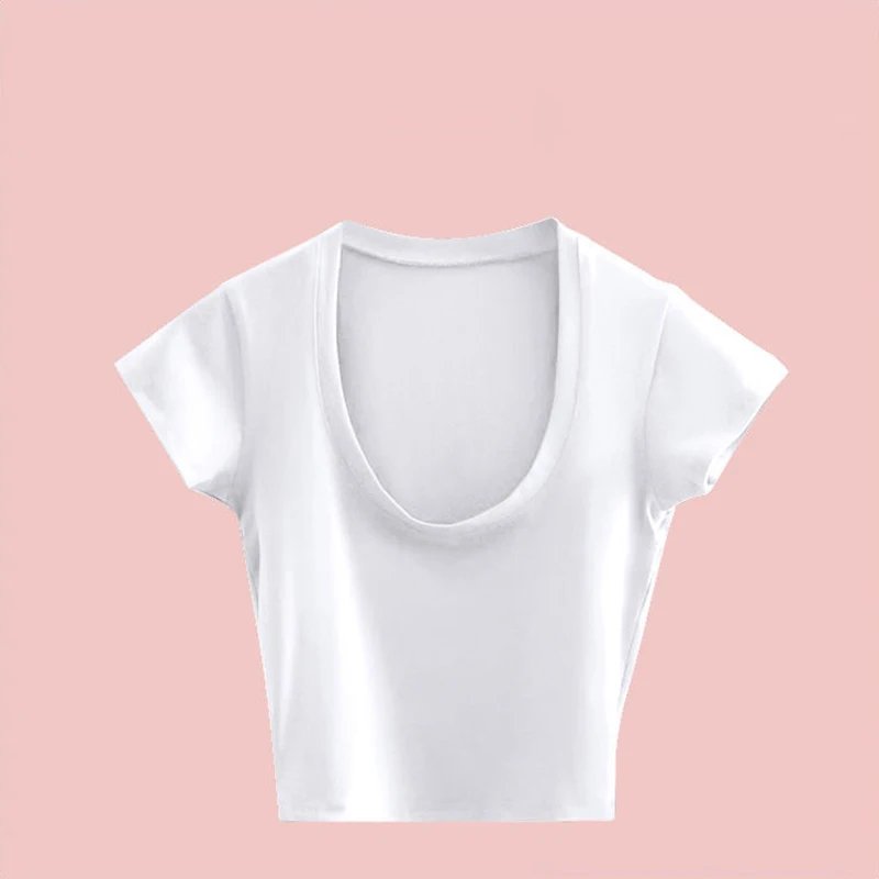 Summer Slim T-Shirt Women Sexy Short Sleeve T Shirt U-Neck Gray Tee Female Solid Basic Black/White Korean Crop Tops Hot Y2k