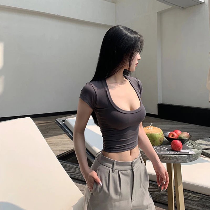 Summer Slim T-Shirt Women Sexy Short Sleeve T Shirt U-Neck Gray Tee Female Solid Basic Black/White Korean Crop Tops Hot Y2k