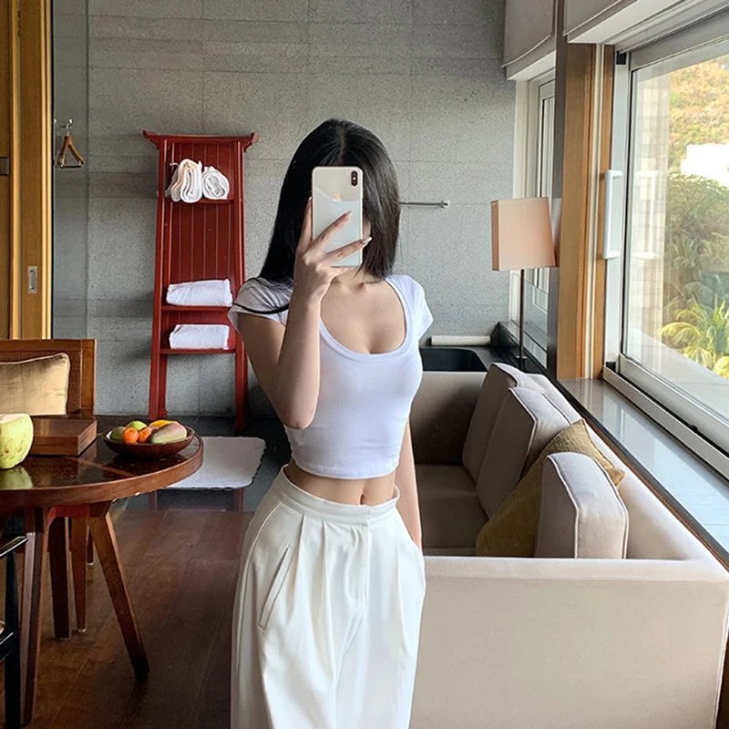 Summer Slim T-Shirt Women Sexy Short Sleeve T Shirt U-Neck Gray Tee Female Solid Basic Black/White Korean Crop Tops Hot Y2k
