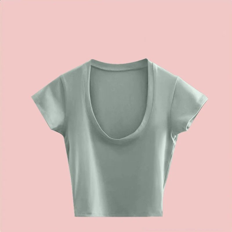 Summer Slim T-Shirt Women Sexy Short Sleeve T Shirt U-Neck Gray Tee Female Solid Basic Black/White Korean Crop Tops Hot Y2k