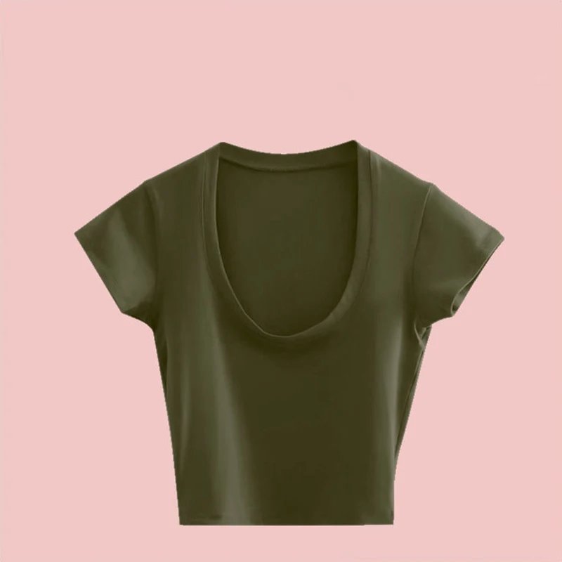 Summer Slim T-Shirt Women Sexy Short Sleeve T Shirt U-Neck Gray Tee Female Solid Basic Black/White Korean Crop Tops Hot Y2k