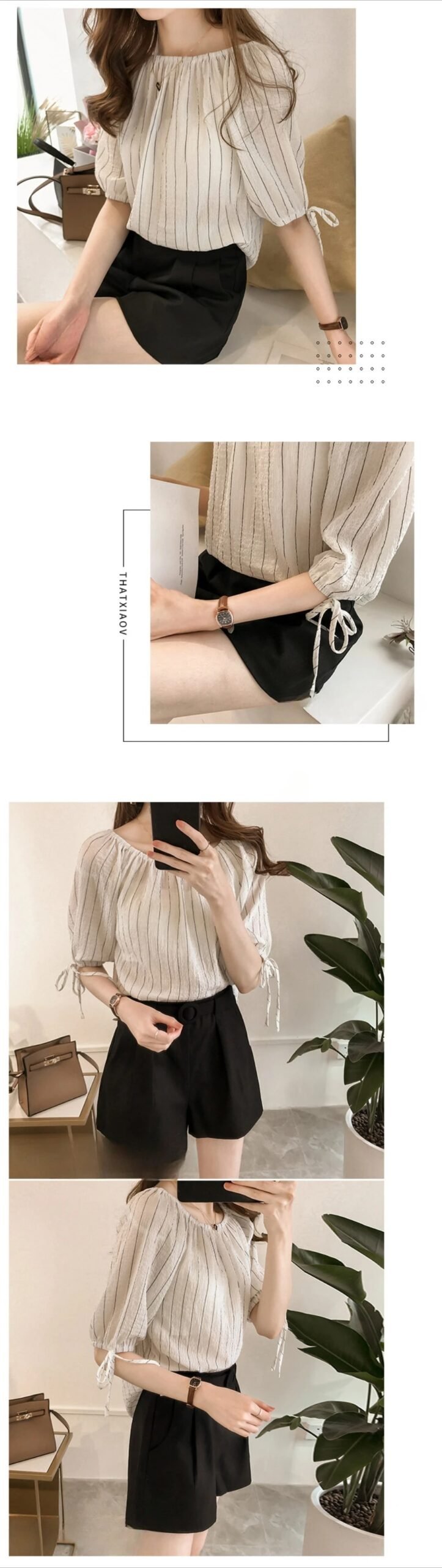 New Style Temperament One Neck Off Shoulder Striped Chiffon Shirt for Women Loose Lantern Sleeve Top Base Shirt Trendy  Blouses