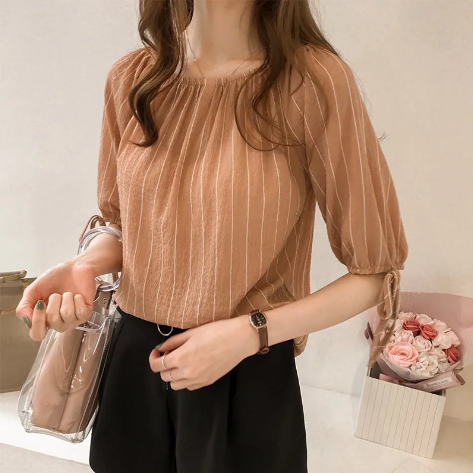 New Style Temperament One Neck Off Shoulder Striped Chiffon Shirt for Women Loose Lantern Sleeve Top Base Shirt Trendy  Blouses