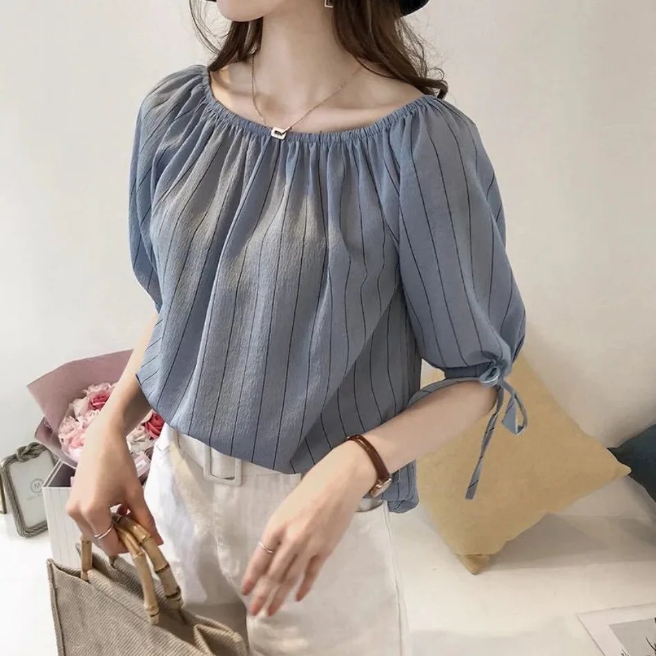 New Style Temperament One Neck Off Shoulder Striped Chiffon Shirt for Women Loose Lantern Sleeve Top Base Shirt Trendy  Blouses