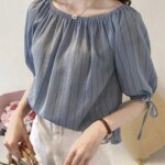 New Style Temperament One Neck Off Shoulder Striped Chiffon Shirt for Women Loose Lantern Sleeve Top Base Shirt Trendy  Blouses