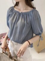 New Style Temperament One Neck Off Shoulder Striped Chiffon Shirt for Women Loose Lantern Sleeve Top Base Shirt Trendy  Blouses