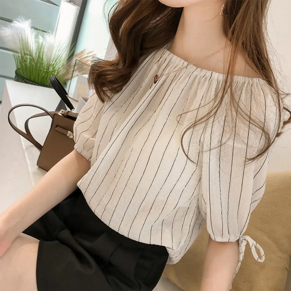 New Style Temperament One Neck Off Shoulder Striped Chiffon Shirt for Women Loose Lantern Sleeve Top Base Shirt Trendy  Blouses