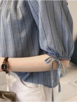 New Style Temperament One Neck Off Shoulder Striped Chiffon Shirt for Women Loose Lantern Sleeve Top Base Shirt Trendy  Blouses - Image 4