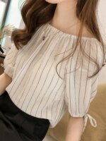 New Style Temperament One Neck Off Shoulder Striped Chiffon Shirt for Women Loose Lantern Sleeve Top Base Shirt Trendy  Blouses - Image 3