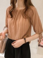 New Style Temperament One Neck Off Shoulder Striped Chiffon Shirt for Women Loose Lantern Sleeve Top Base Shirt Trendy  Blouses - Image 2