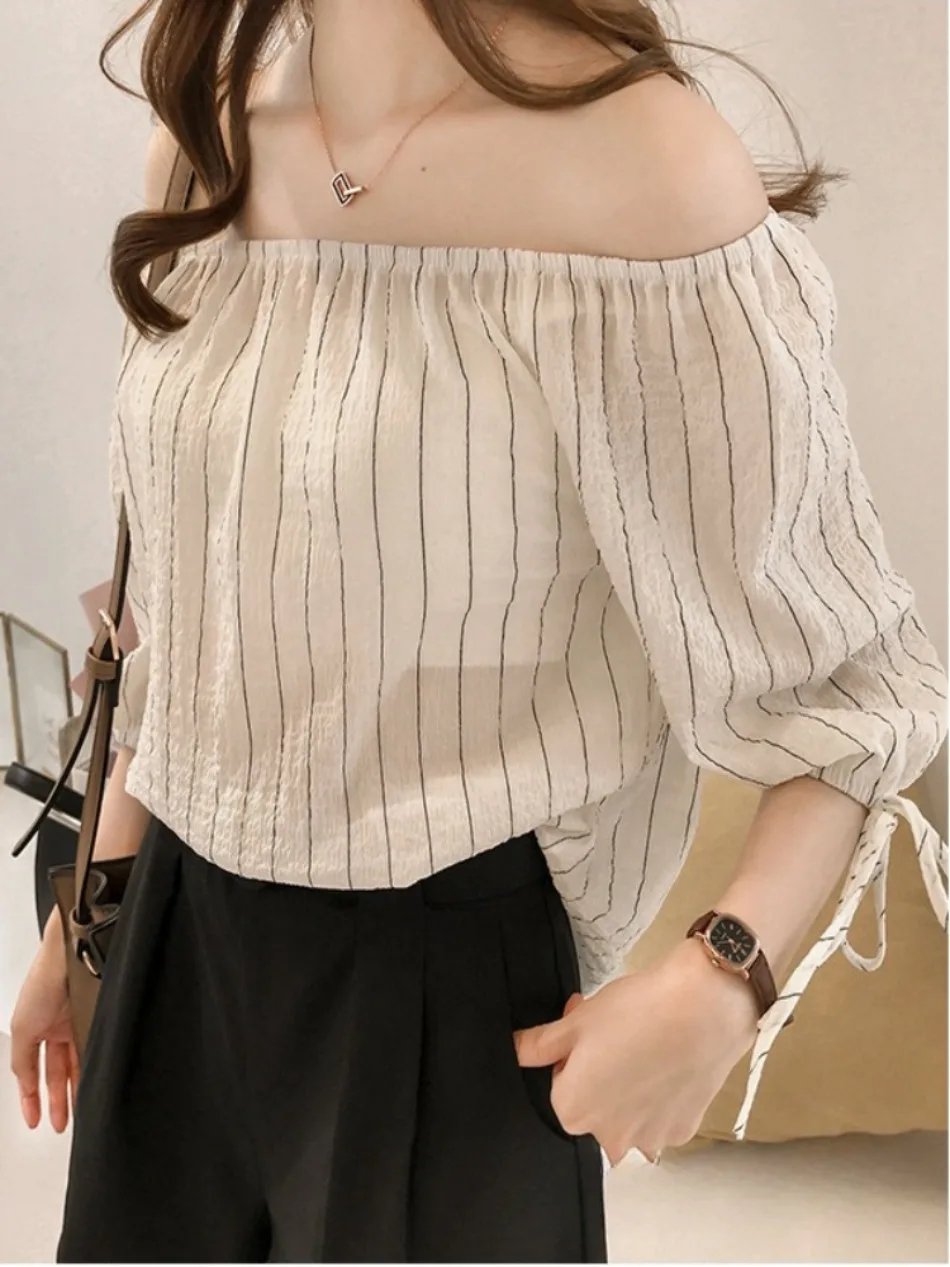 New Style Temperament One Neck Off Shoulder Striped Chiffon Shirt for Women Loose Lantern Sleeve Top Base Shirt Trendy  Blouses