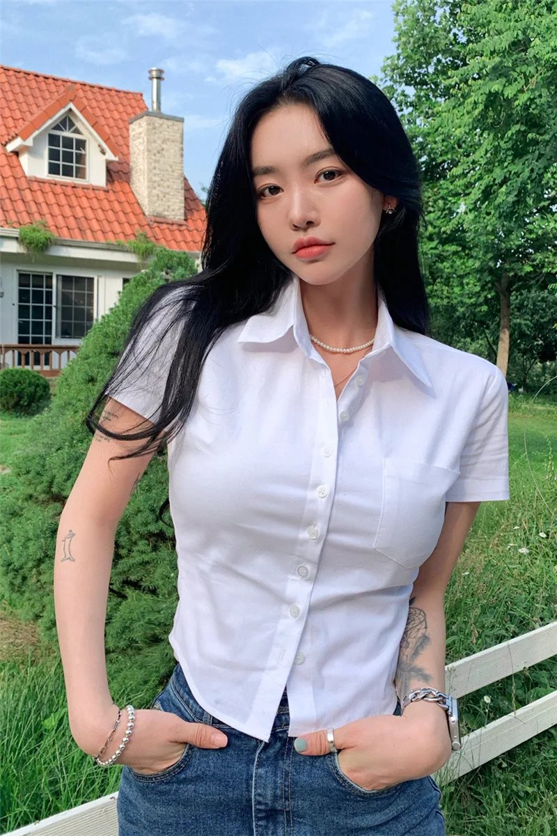 1pcs Woman Summer Slim Fit Blouses Shirts Lady Thin Sexy Short Shirt Female Casual Short Sleeve Turn-down Collar Waist up Tops