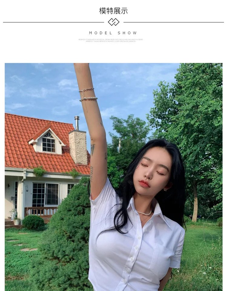 1pcs Woman Summer Slim Fit Blouses Shirts Lady Thin Sexy Short Shirt Female Casual Short Sleeve Turn-down Collar Waist up Tops