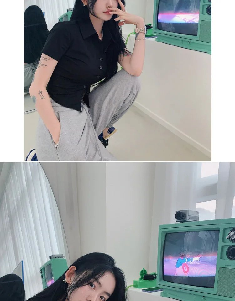 1pcs Woman Summer Slim Fit Blouses Shirts Lady Thin Sexy Short Shirt Female Casual Short Sleeve Turn-down Collar Waist up Tops