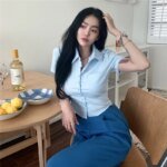 1pcs Woman Summer Slim Fit Blouses Shirts Lady Thin Sexy Short Shirt Female Casual Short Sleeve Turn-down Collar Waist up Tops - Image 2