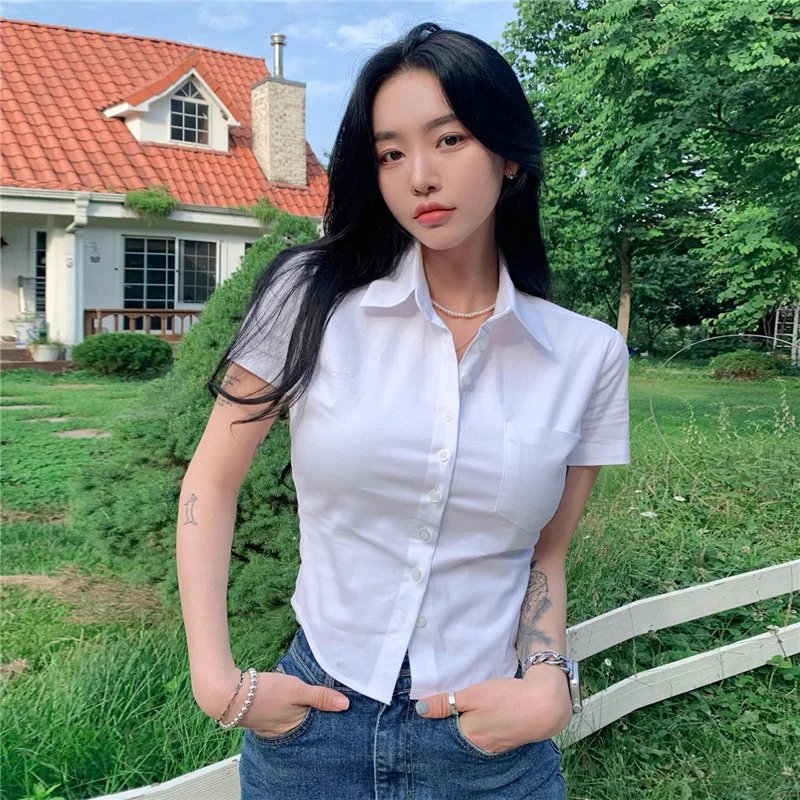 1pcs Woman Summer Slim Fit Blouses Shirts Lady Thin Sexy Short Shirt Female Casual Short Sleeve Turn-down Collar Waist up Tops