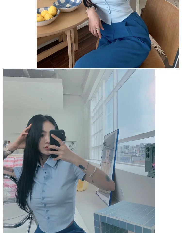 1pcs Woman Summer Slim Fit Blouses Shirts Lady Thin Sexy Short Shirt Female Casual Short Sleeve Turn-down Collar Waist up Tops
