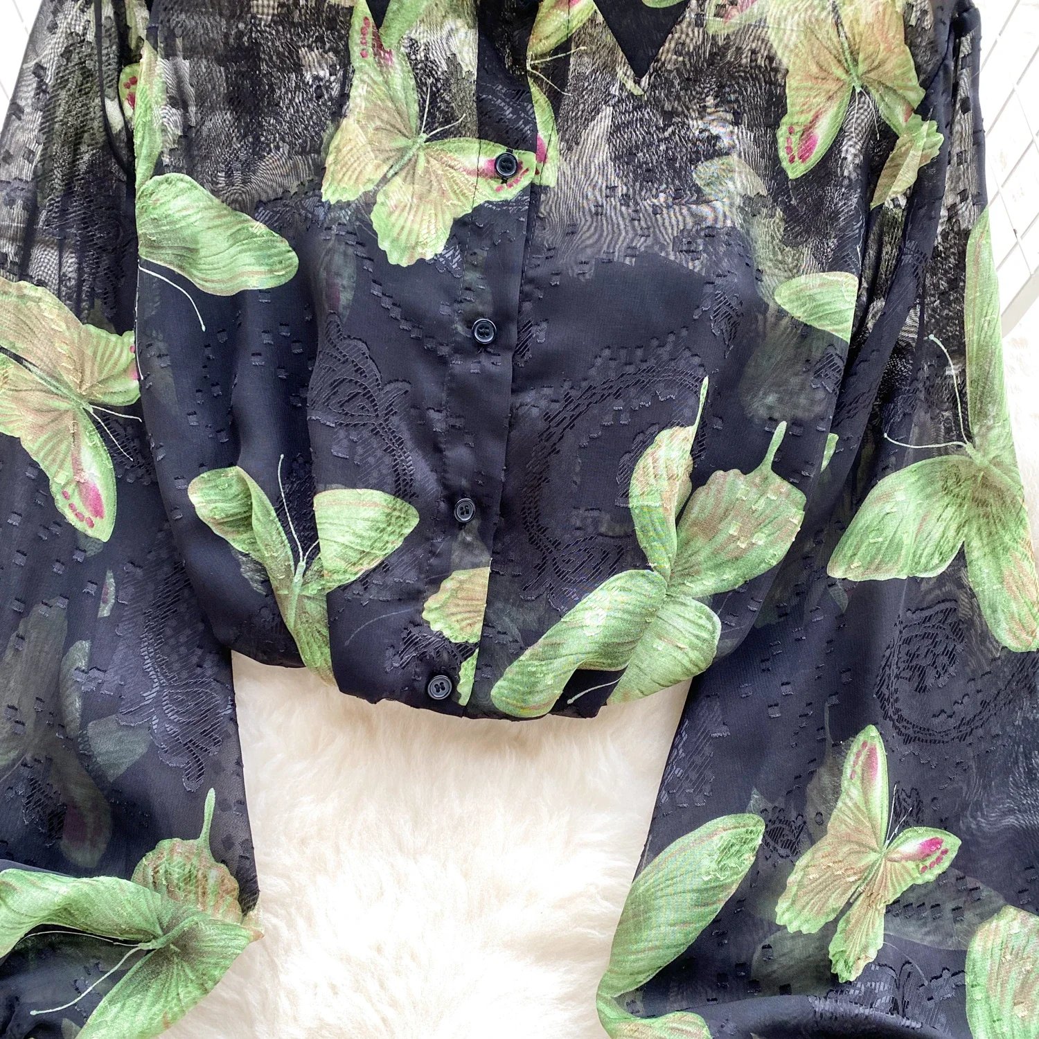 Vintage Elegant Lantern Sleeve Blouse Fashion Polo-neck  Shirt  Casual Chic Top Fairy  Summer Women