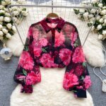 Vintage Elegant Lantern Sleeve Blouse Fashion Polo-neck  Shirt  Casual Chic Top Fairy  Summer Women - Image 3