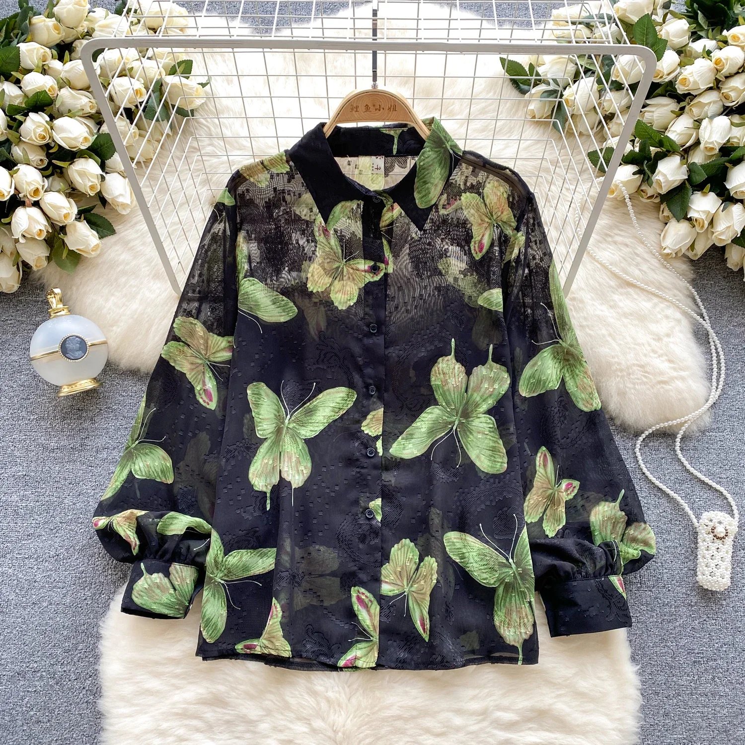 Vintage Elegant Lantern Sleeve Blouse Fashion Polo-neck  Shirt  Casual Chic Top Fairy  Summer Women