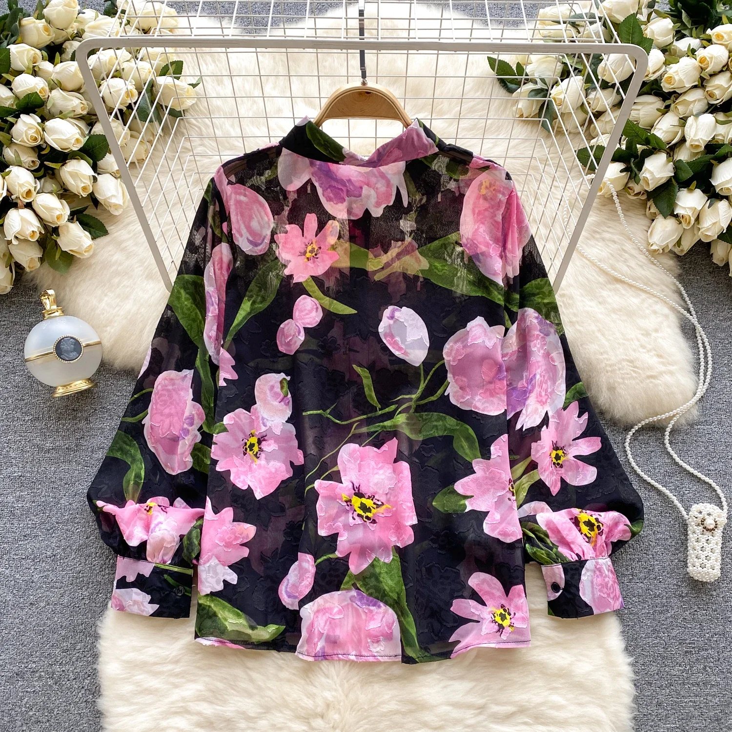 Vintage Elegant Lantern Sleeve Blouse Fashion Polo-neck  Shirt  Casual Chic Top Fairy  Summer Women