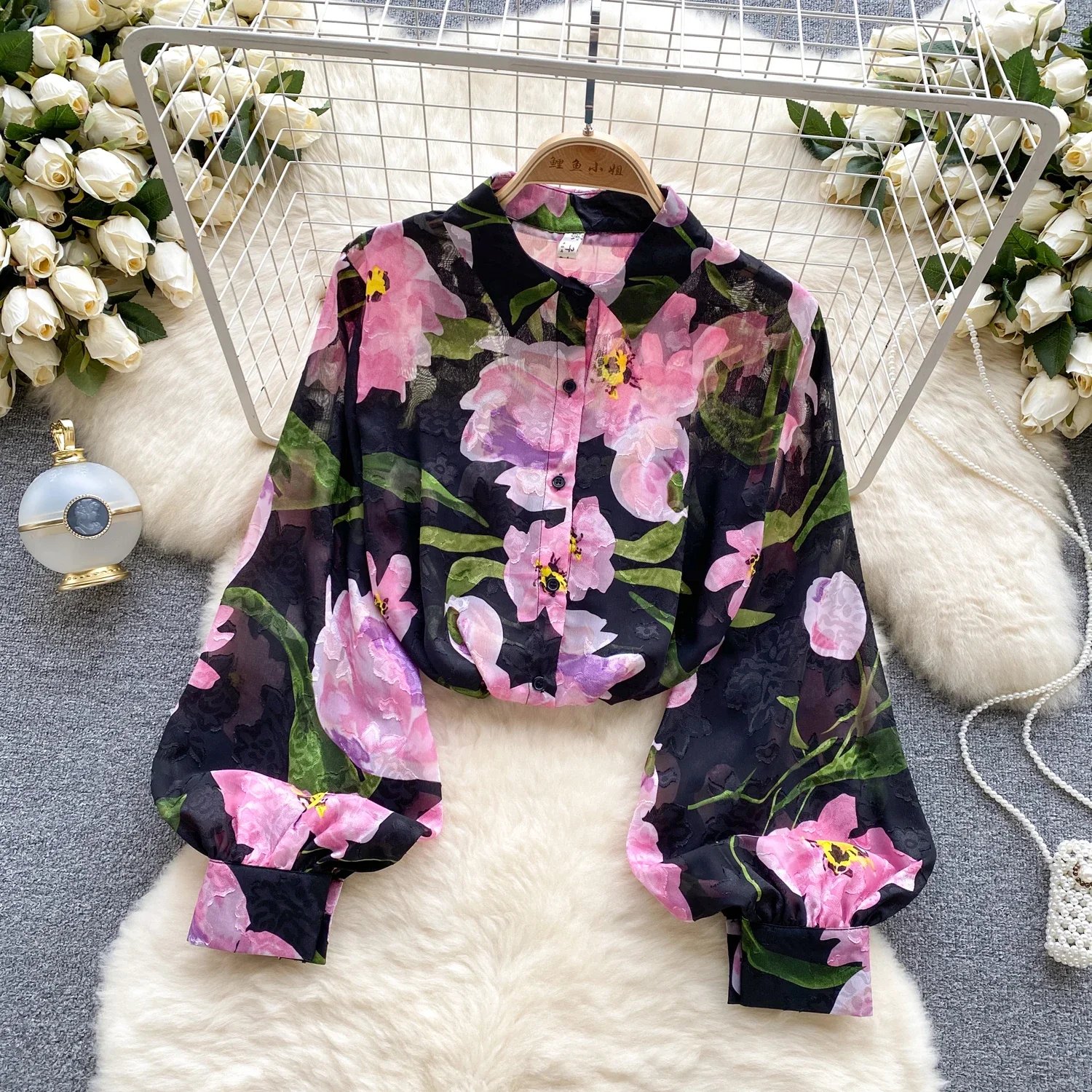 Vintage Elegant Lantern Sleeve Blouse Fashion Polo-neck  Shirt  Casual Chic Top Fairy  Summer Women