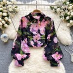 Vintage Elegant Lantern Sleeve Blouse Fashion Polo-neck  Shirt  Casual Chic Top Fairy  Summer Women - Image 2