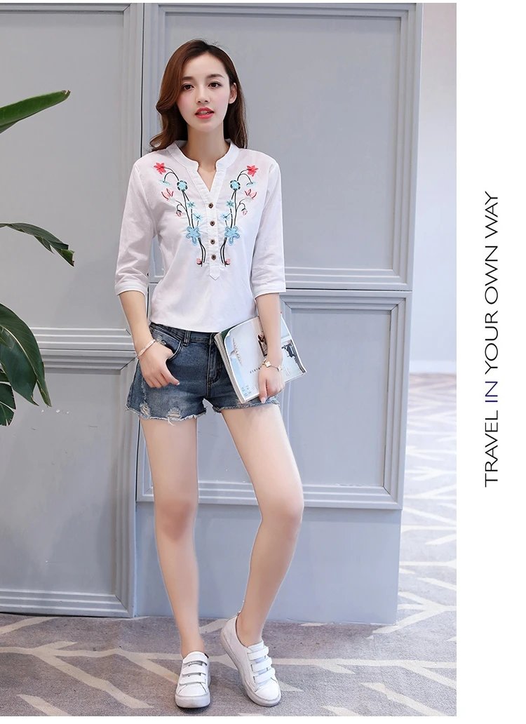 Fashion Cotton Linen V-Neck Women Blouse Shirt Autumn Summer Half Sleeve White OL Blouse V-neck Casual Women Tops Blusas D377