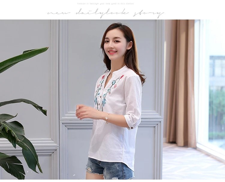 Fashion Cotton Linen V-Neck Women Blouse Shirt Autumn Summer Half Sleeve White OL Blouse V-neck Casual Women Tops Blusas D377