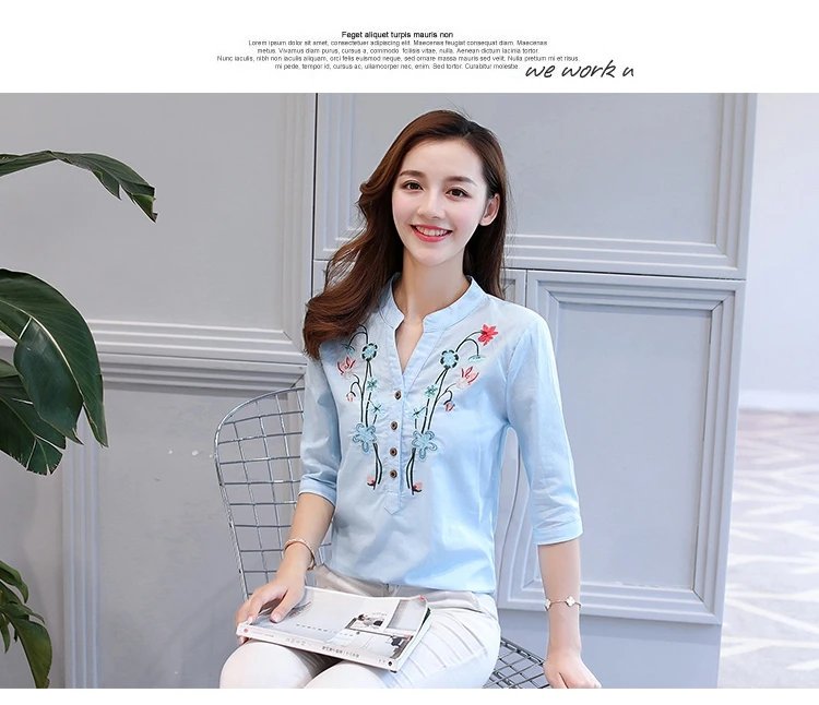 Fashion Cotton Linen V-Neck Women Blouse Shirt Autumn Summer Half Sleeve White OL Blouse V-neck Casual Women Tops Blusas D377