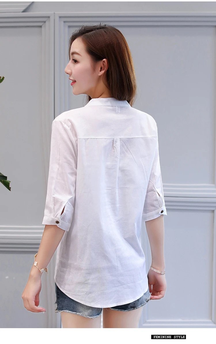 Fashion Cotton Linen V-Neck Women Blouse Shirt Autumn Summer Half Sleeve White OL Blouse V-neck Casual Women Tops Blusas D377
