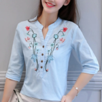 Fashion Cotton Linen V-Neck Women Blouse Shirt Autumn Summer Half Sleeve White OL Blouse V-neck Casual Women Tops Blusas D377 - Image 2