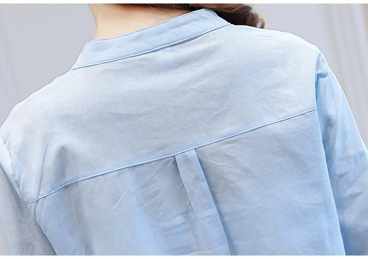 Fashion Cotton Linen V-Neck Women Blouse Shirt Autumn Summer Half Sleeve White OL Blouse V-neck Casual Women Tops Blusas D377