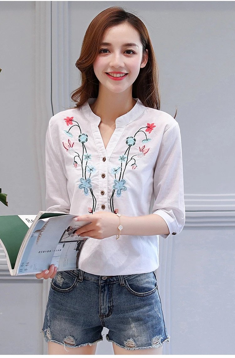Fashion Cotton Linen V-Neck Women Blouse Shirt Autumn Summer Half Sleeve White OL Blouse V-neck Casual Women Tops Blusas D377
