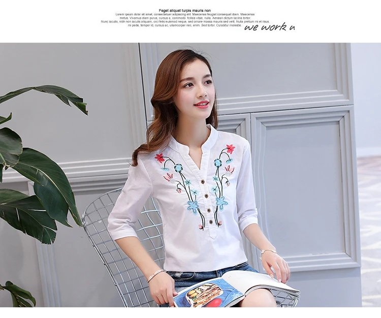 Fashion Cotton Linen V-Neck Women Blouse Shirt Autumn Summer Half Sleeve White OL Blouse V-neck Casual Women Tops Blusas D377