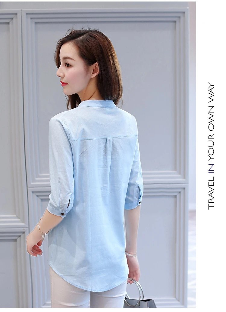 Fashion Cotton Linen V-Neck Women Blouse Shirt Autumn Summer Half Sleeve White OL Blouse V-neck Casual Women Tops Blusas D377