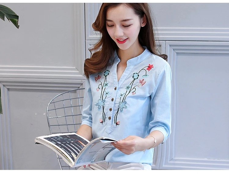 Fashion Cotton Linen V-Neck Women Blouse Shirt Autumn Summer Half Sleeve White OL Blouse V-neck Casual Women Tops Blusas D377