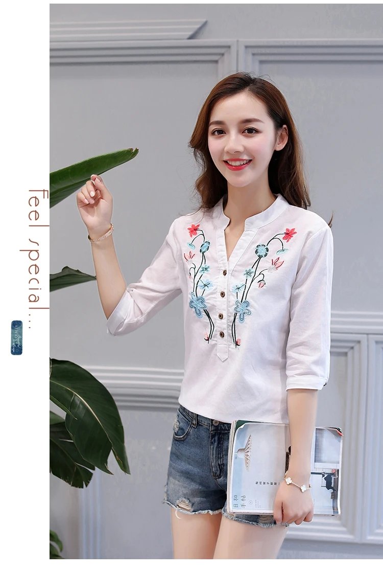 Fashion Cotton Linen V-Neck Women Blouse Shirt Autumn Summer Half Sleeve White OL Blouse V-neck Casual Women Tops Blusas D377