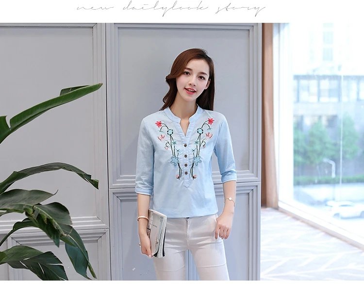 Fashion Cotton Linen V-Neck Women Blouse Shirt Autumn Summer Half Sleeve White OL Blouse V-neck Casual Women Tops Blusas D377