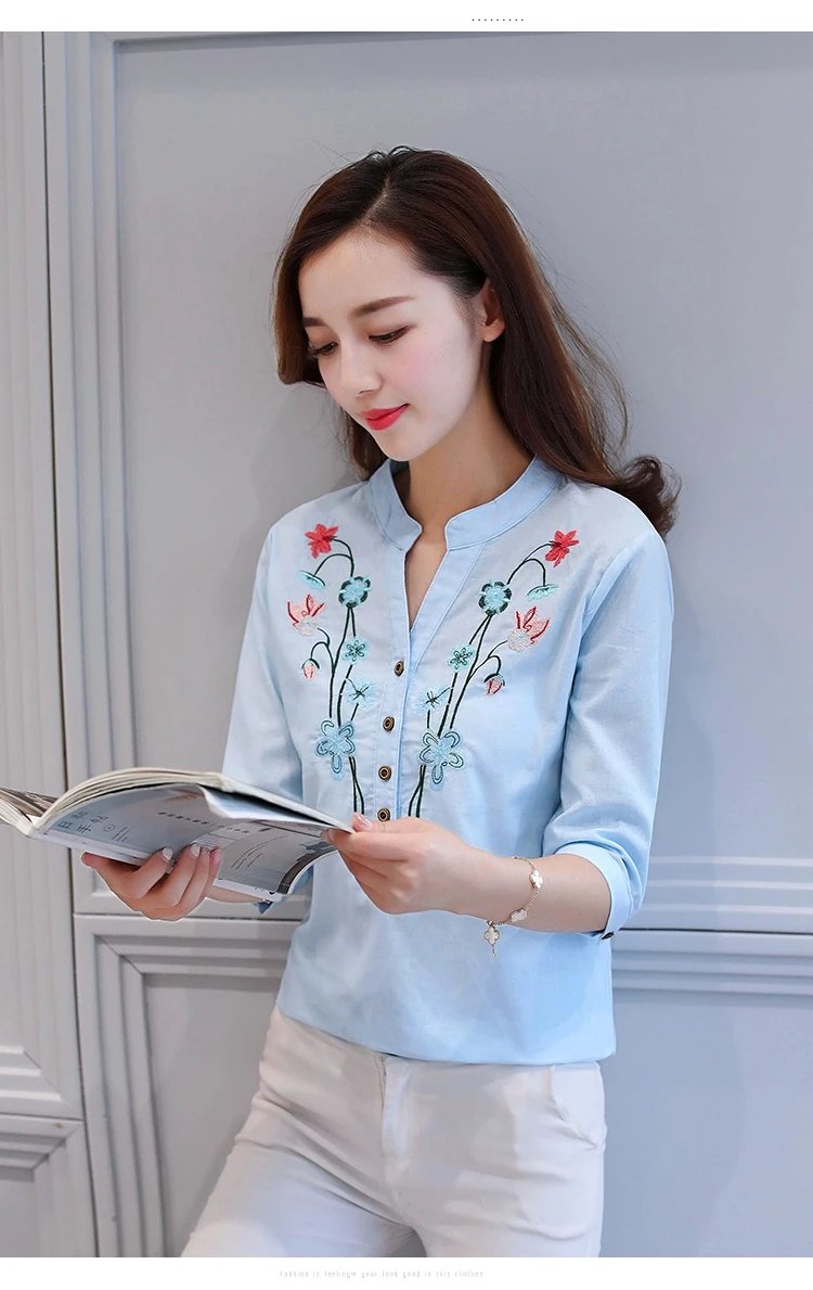 Fashion Cotton Linen V-Neck Women Blouse Shirt Autumn Summer Half Sleeve White OL Blouse V-neck Casual Women Tops Blusas D377
