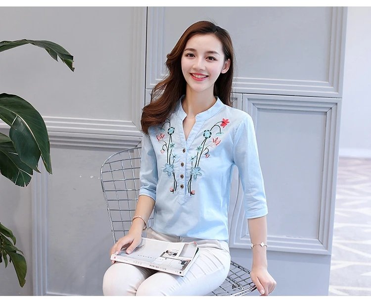 Fashion Cotton Linen V-Neck Women Blouse Shirt Autumn Summer Half Sleeve White OL Blouse V-neck Casual Women Tops Blusas D377
