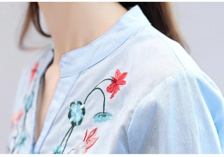 Fashion Cotton Linen V-Neck Women Blouse Shirt Autumn Summer Half Sleeve White OL Blouse V-neck Casual Women Tops Blusas D377